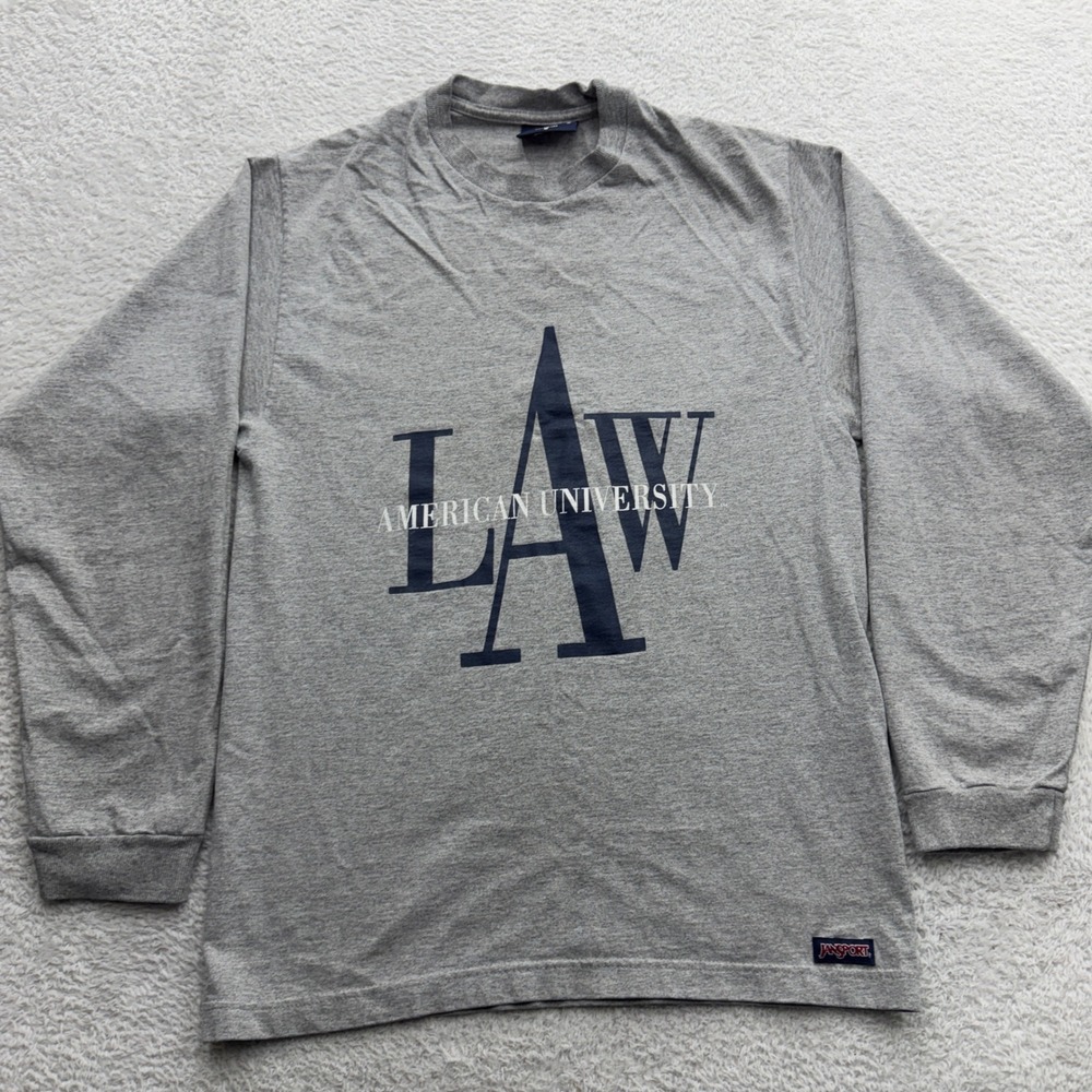 VTG Jansport American University Law Long Sleeve T-Shirt Gray Mens S Made in USA